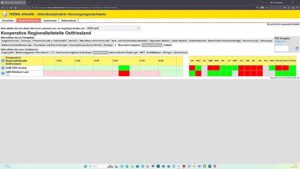 Ein Blick ins niedersächsische Ivena-Portal offenbarte am 18. April 2023, um 16.20 Uhr, dass das Klinikum Leer seinen Herzkatheter-Bereich für die Patienten-Aufnahme abgemeldet hatte. Screenshot: OZ