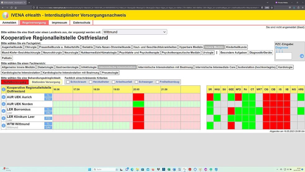 Dienstag, 16. Mai 2023, 20.08 Uhr, niedersächsisches Ivena-Portal: Das Klinikum Norden hat als einziges Krankenhaus in Ostfriesland seine Aufnahmebereitschaft zur "Notfallversorgung" im Bereich der internistischen Intensivstation gemeldet. Screenshot: OZ