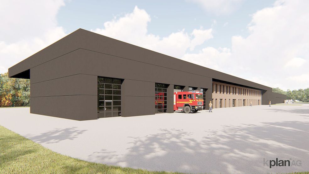 Das Gebäude von der Rückseite in der dunkleren Variante mit mehr Kunststoffwerkstoff. Es müssen alle Fahrzeuge der Kreisfeuerwehr untergebracht werden. Darstellung: kplan®AG