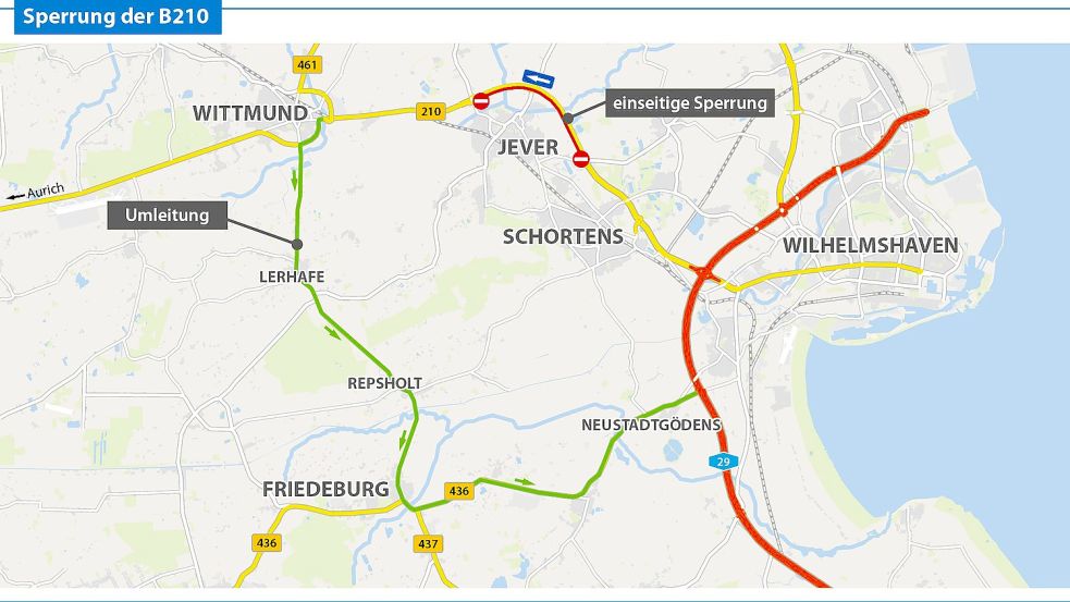 Ab Montag, 22. Mai, ist die B 210 in Höhe Jever aus Ostfriesland kommend in Richtung der A29 voll gesperrt. Eine Umleitung führt ab Wittmund über Leerhafe und Friedeburg nach Sande zur Autobahn. OZ-Grafik: Fischer