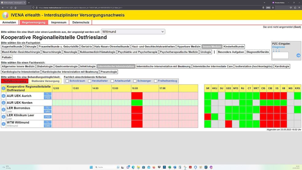 Dienstag, 23. Mai 2023, 16.02: Alles ostfriesischen Krankenhäuser – außer der Norder Klinik – haben ihre Intensivstationen im niedersächsischen Ivena-Portal für die „Notfallversorgung“ abgemeldet. Screenshot: OZ