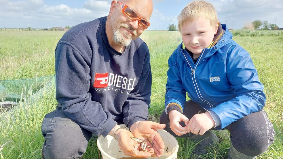 Gerald Hellwig (links) hat sich wochenlang um die Junghechte gekümmert. Der achtjährige Jonas Mescher hat am Dienstag dabei geholfen, die Fische aus den Teichen in die Eimer zu befördern. Er möchte Angler werden. Foto: Hanssen