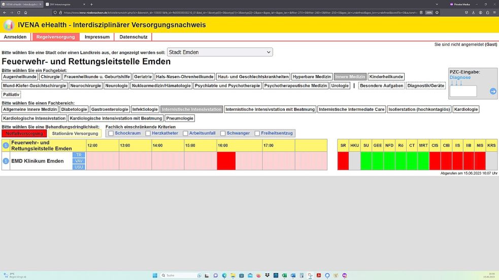 15. Juni 2023,16.08 Uhr: Die Intensivstation im Einzugsbereich der Rettungsleitstelle in Emden ist für die Notfallversorgung abgemeldet. Screenshot: OZ