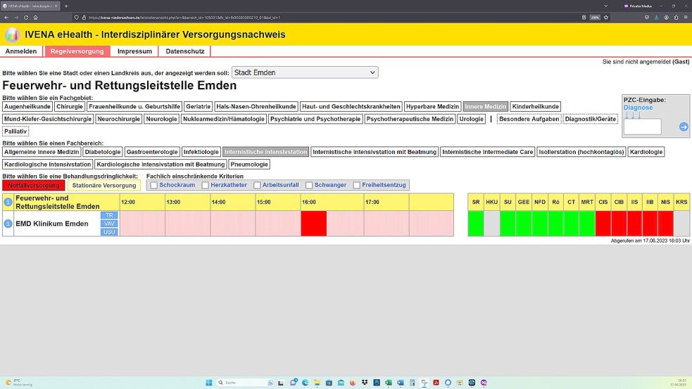 Das Emder Krankenhaus des Klinikverbundes Aurich-Emden-Norden hatte am Samstagnachmittag seine Intensivstation für die Notfallversorgung abgemeldet. Screenshot: OZ