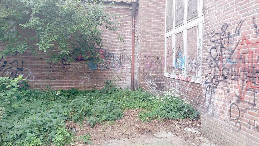 Graffiti ist fast überall am hinteren Bereich der Martin-Luther-Kirche und des Gemeindezentrums zu finden. Auch Scheiben sind beschmiert. Foto: Hanssen