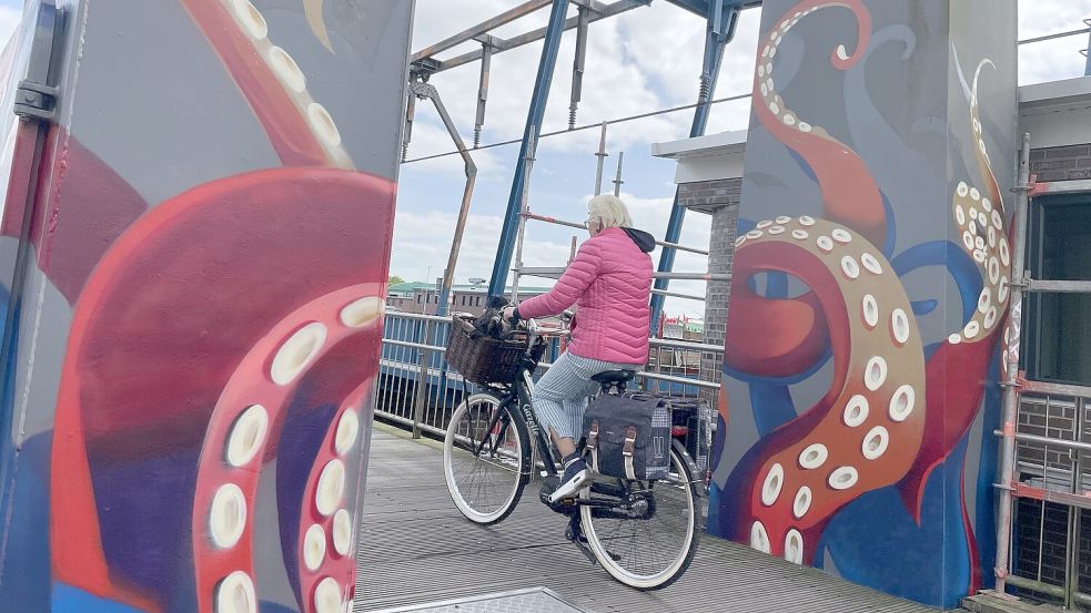 Graffitikunst im Zentrum: Krakenarme schlängeln sich die Eisenbahnbrücke über den Binnenhafen empor. Foto: Weiden/Archiv