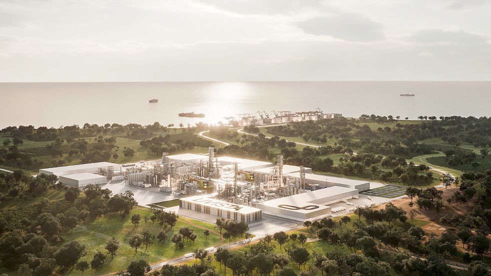 So stellt sich das Unternehmen Livista Energy Europe ihre Lithium-Raffinerie in Emden vor. Windkraftanlagen sind darauf nicht zusehen, die an der Stelle eigentlich stehen. Visualisierung: Livista