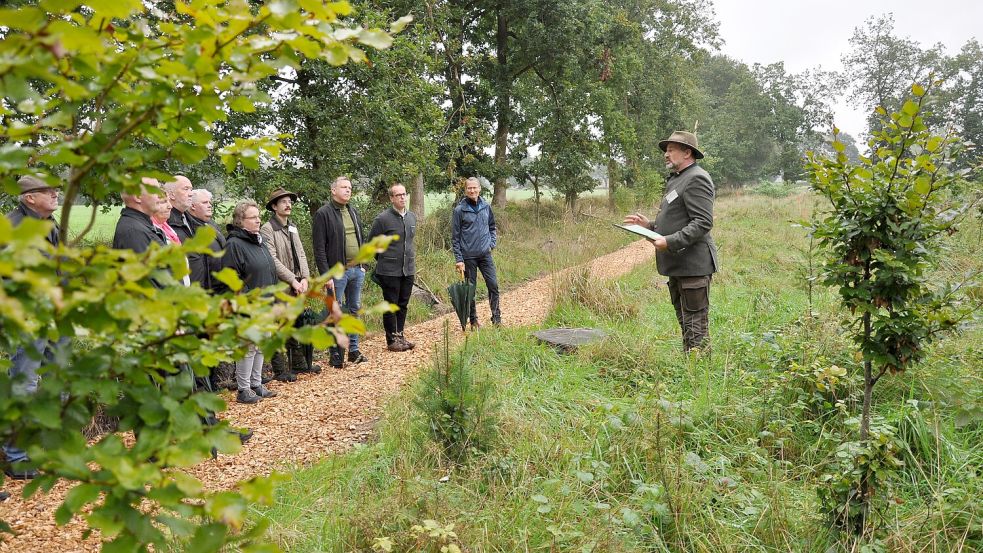 Sigfried Bley zeigt den Gästen auch diese jüngst aufgeforstete Fläche mit Blick auf die Wallheckenlandschaft Friedeburgs. Foto: Ullrich