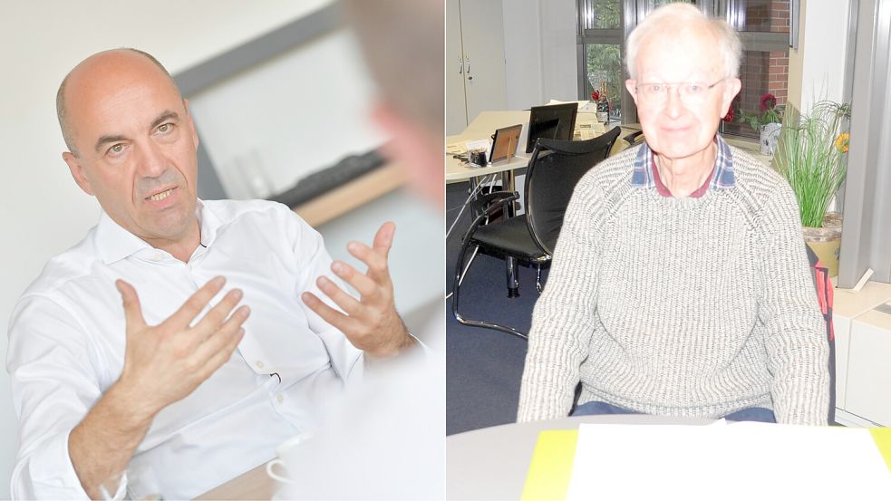 EWE-Chef Stefan Dohler (links) im Juli 2022 im Interview mit unserer Zeitung. Rentner Wolfgang Herfs im Oktober 2023, nachdem die EWE auf seinem Konto fälschlicherweise knapp 58.000 Euro abgebucht hatte. Fotos: Ortgies (links) und Schade (rechts)