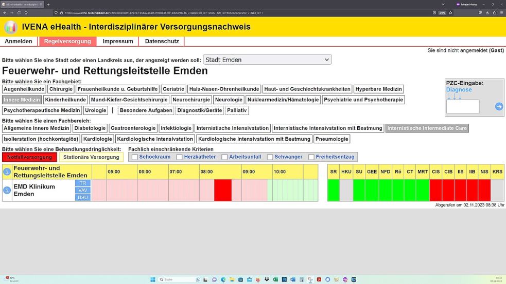 Donnerstag, 2. November, 8.38 Uhr: Die Emder Klinik hat ihre Intermediate-Care-Station für die "Notfallversorgung" abgemeldet – im Ivena-Portal des Landes Niedersachsen. Screenshot: OZ