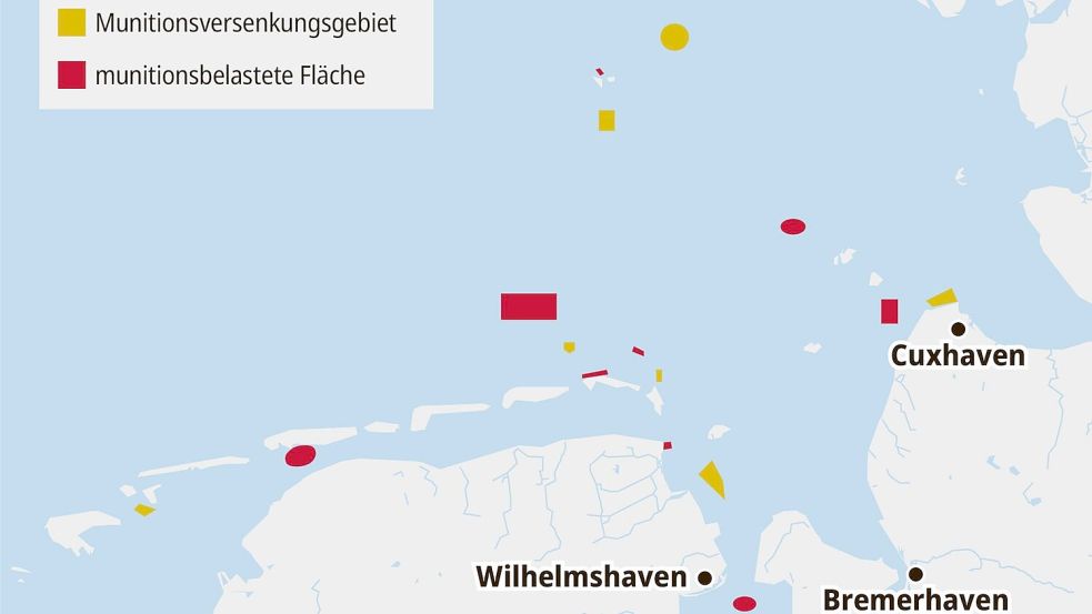 Wo in der Nordsee Munition lagert, ist nur zum Teil bekannt. Karte: Mapcreator.io | OSM.org