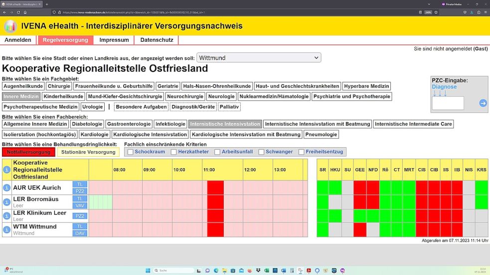 7. November, 11.14 Uhr: Alle Krankenhäuser im Zuständigkeitsbereich der Kooperativen Regionalleitstelle Ostfriesland hatten ihre Intensivstationen für die Notfallversorgung abgemeldet – gleichzeitg. Screenshot: OZ