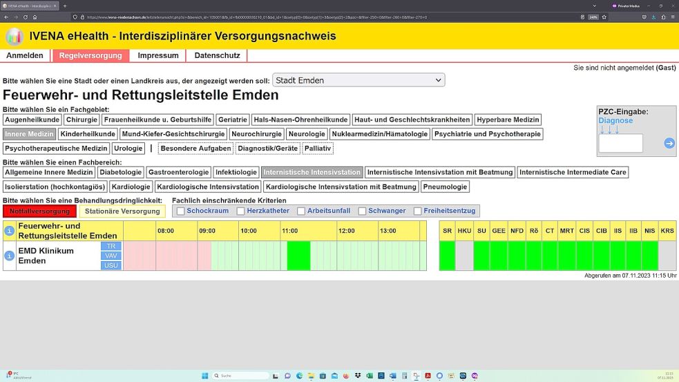 7. November, am Morgen: Auch die Emder Klinik hatte – wie alle anderen Krankenhäuser in Ostfriesland – ihre Intensivstation für die Notfallversorgung abgemeldet. Screenshot: OZ