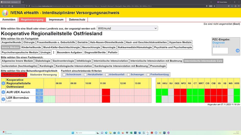 7. November 11.16Uhr: Alle Kliniken mit Intermediate-Care-Station im Zuständigkeitsbereich der Kooperativen Regionalleitstelle Ostfriesland hatten ihre Intermediate-Care-Stationen für die Notfallversorgung abgemeldet – zeitgleich zur Abmeldung der Intensivstationen. Screenshot: OZ