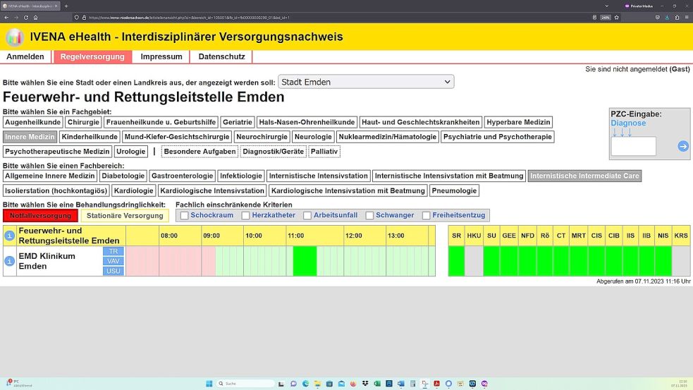 7. November, am Morgen: Auch die Emder Intermediate-Care-Station war für die Notfallversorgung abgemeldet. Screenshot: OZ