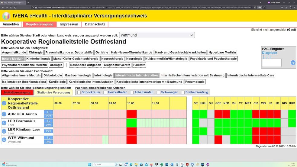 Auch am Morgen des 6. November hatten alle ostfriesischen Krankenhäuser gleichzeitig ihre Intensiv- und Intermediate-Care-Stationen für die Notfallversorgung abgemeldet. Hier: die Intensivstationen im Zuständigkeitsbereich der Kooperativen Regionalleitstelle Ostfriesland. Screenshot: OZ