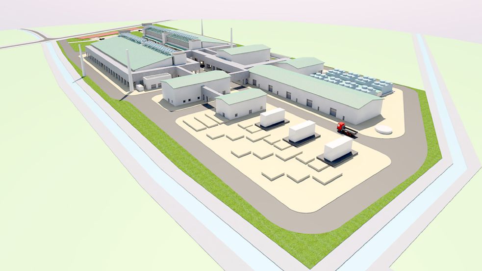 Die Darstellung veranschaulicht exemplarisch, wie sich die Wasserstoff-Produktionsstätte in Emden in die Landschaft einfügt. Grafik: EWE