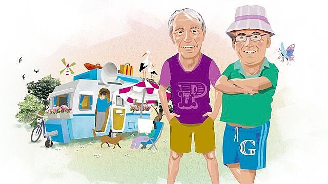 Illustrator Arnold Reisse hat das Autorenduo Peter Klossek (links) und Georg Schumacher bei seiner Recherchetour auf dem Altfunnixsieler Campingplatz dargestellt. Illustration: Arnold Reisse