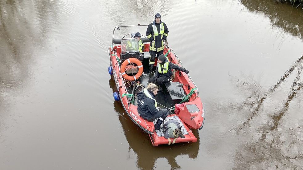 Bei der Arbeit: Wasserleichen-Spürhund „Simba“, seine Kollegen von der Polizei und Feuerwehr. Foto: Schuurman