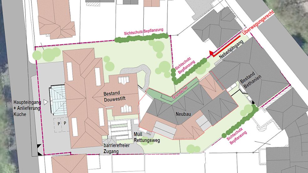 Der geplante Neubau würde das Seniorenzentrum, das derzeit aus dem Haus Bethanien am Philosophenweg und dem Douwesstift an der Douwesstraße besteht, zu einem großen Gebäudekomplex verbinden. Grafik: Planungsbüro Urbano