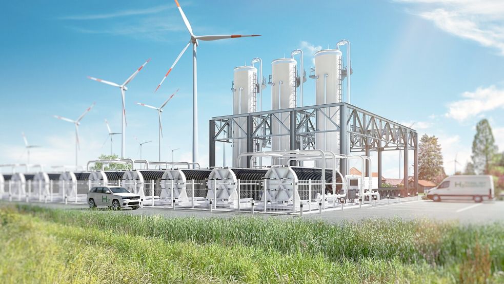 So könnte sie aussehen: die 320-Megawatt-Wasserstoffproduktion im Kraftwerksmaßstab in Emden. Bild: EWE