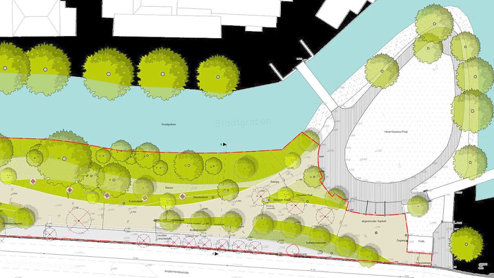 So sieht der Plan für den Bereich rund um die Hahnsche Insel in Emden aus. Grafik: Scape Landschaftsarchitekten