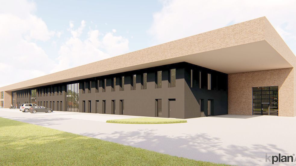 So soll das Gebäude der FTZ in der helleren Version von vorne aussehen. Rechts ist der Haupteingang zu den Büros und Schulungsräumen. Darstellung: kplan®AG/Archiv