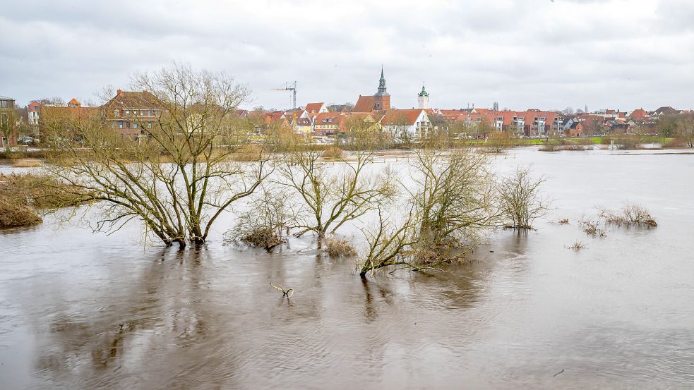 Vor der Altstadt von Verden ist die Aller beim jüngsten Hochwasser über die Ufer getreten. Foto: Schuldt/DPA/Archiv