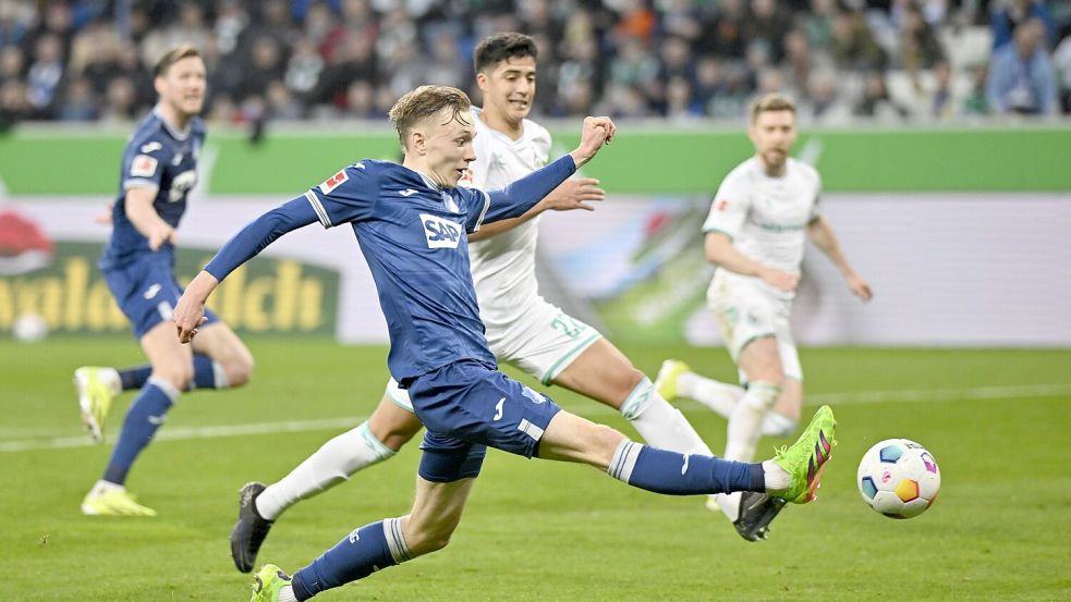 Maximilian Beier für die TSG Hoffenheim am Ball, im Spiel gegen Werder Bremen. Foto: Imago Images/imagebroker