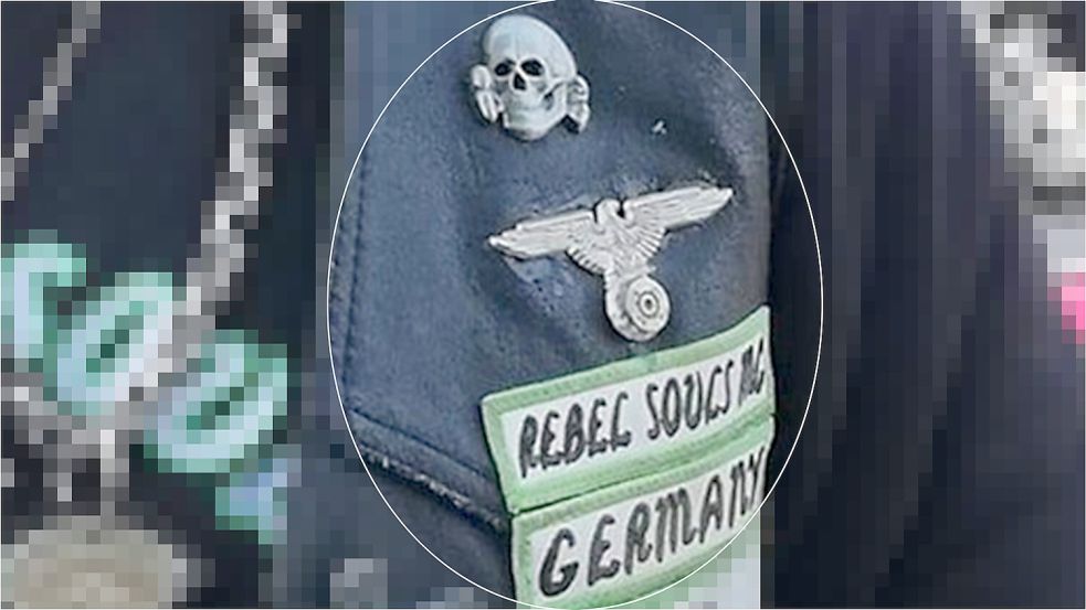 SS-Totenkopf und NS-Reichsadler auf der Rocker-Kutte des „Sergeant at Arms“ des „Rebel Souls MC Germany“. Foto: Screenshot (Ausschnitt) vom 04.02.2024 / Quelle: Facebook-Seite von Oliver von Schwamberger / Pixelung: OZ