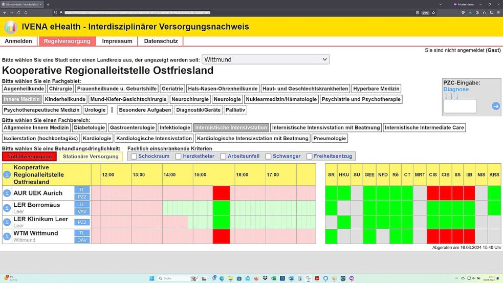 Die Krankenhäuser in Aurich, Leer und Wittmund hatten ihre Intensivstationen am Mittag des 16. März 2024 im niedersächsischen Ivena-Portals für die Notfallversorgung abgemeldet. Also gleichzeitig. Screenshot: OZ