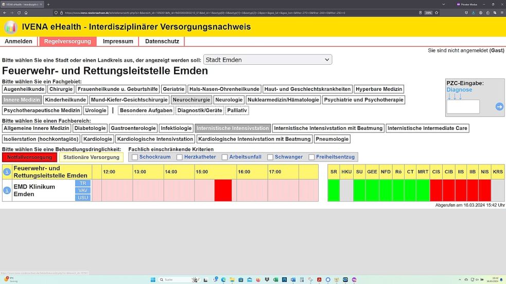Das Emder Krankenhaus hat seine Intensivstation für die Notfallversorgung abgemeldet – im niedersächsischen Ivena-Portal, am 16. März 2024, um 15.42 Uhr. Screenshot: OZ