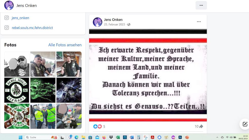 Die schwarz-weiß-rote Reichsfahne ist bei Rechtsextremisten beliebt. "Rebel Souls"-Vize Jens Onken hat in dieser Optik am 25. Februar 2023 einen Facebook-Beitrag abgesetzt, in dem er Respekt gegenüber seinem Land einfordert – erst danach "können wir mal über Toleranz sprechen". Foto: Screenshot (Ausschnitt) vom 19.02.2024 / Quelle: Facebook-Seite von Jens Onken / Pixelungen: OZ