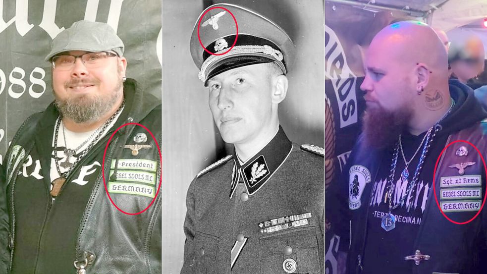 Sie alle tragen beziehungsweise trugen Adler und Totenkopf. Von links: der „Vice-President“ des „Rebel Souls MC“ Germany beziehungsweise Großefehn, SS-Obergruppenführer Reinhard Heydrich und der „Sergeant at Arms“ des „Rebel Souls MC Germany. Fotos (von links): Screenshot (Ausschnitt) vom 04.02.2024 / Quelle: Facebook-Seite des Rebel Souls MC Großefehn / Ausschnitt und Hervorhebung (rote Ellipse): OZ; Archivfoto (Ausschnitt): Bundesarchiv/Wikimedia (Lizensierungshinweise: siehe Ende des Berichts) / Ausschnitt und Hervorhebung (rote Ellipse): OZ; Screenshot (Ausschnitt) vom 04.02.2024 / Facebook-Seite des Rebel Souls MC Großefehn / Ausschnitt und Hervorhebung (rote Ellipse): OZ