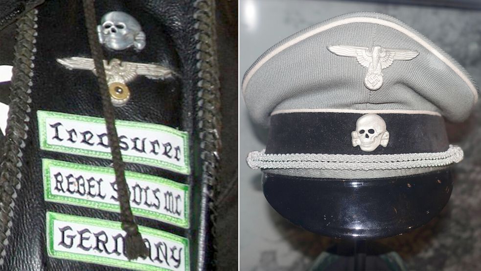 Das linke Foto zeigt Totenkopf und Adler auf der Kutte eines „Treasurers“ (Schatzmeisters) des "Rebel Souls MC Großefehn" – das rechte Foto eine SS-Mütze. Fotos (von links): Screenshot (Ausschnitt) vom 04.02.2024 / Facebook-Seite des Rebel Souls MC Großefehn / Ausschnitt: OZ; Archivfoto: Wolfmann/Wikimedia (Lizensierungshinweise: siehe Ende des Berichts) / Ausschnitt: OZ