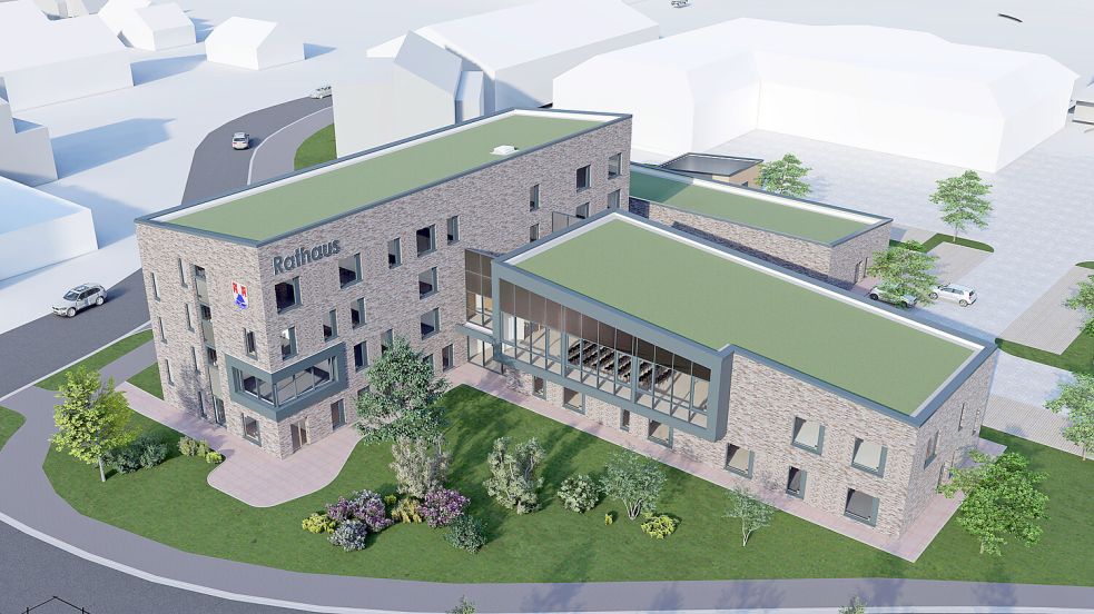 So soll das neue Rathaus für Moormerland aussehen. Es wird auf der Freifläche neben dem jetzigen Gebäude gebaut. Darstellung: Beyer+Freitag+zeh