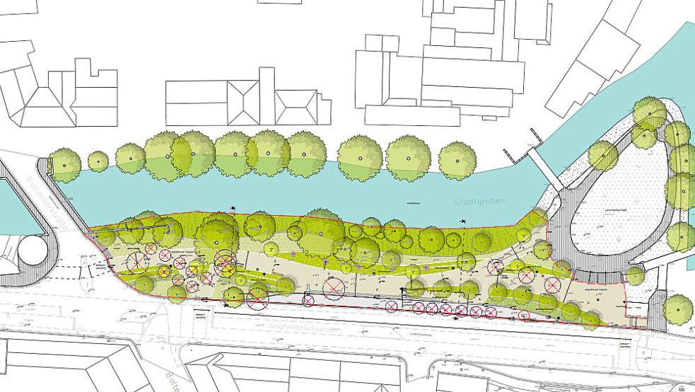So sieht der Plan für den Bereich rund um die Hahnsche Insel in Emden aus. Man sieht: Die Allee vor dem Chinesentempel ist hier mit roten Kreuzen versehen, sie wurde entfernt. Grafik: Scape Landschaftsarchitekten