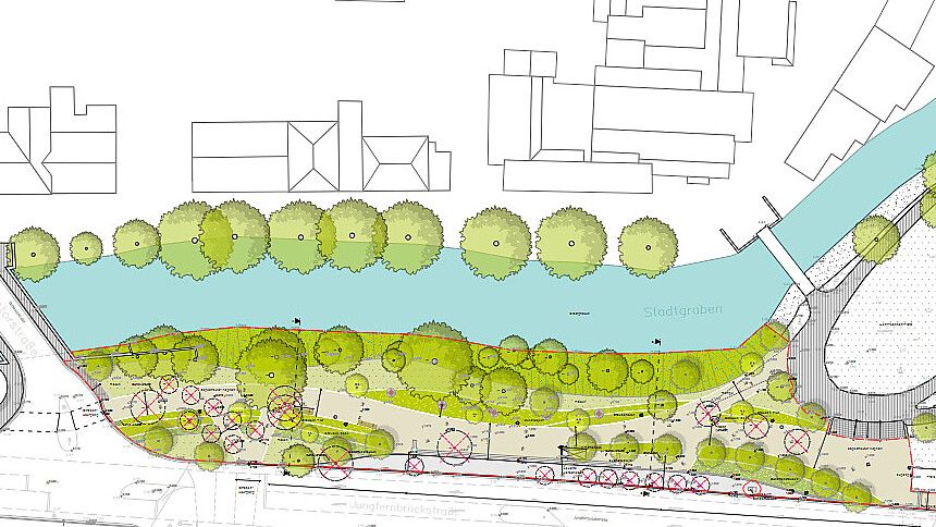 Dieser Plan verdeutlicht die neue Wegeführung entlang der Kunstpromenade. Grafik: Scape Landschaftsarchitekten