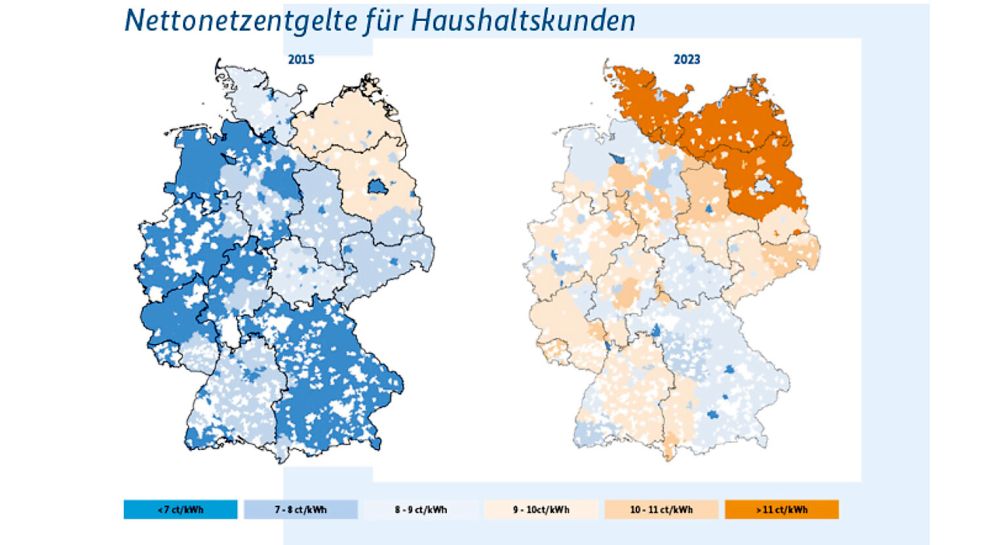 Die Nettonetzentgelte, die Haushaltskunden mit ihrem Strompreis bezahlen, sind in Deutschland nicht einheitlich. Quelle/Kartengrafiken: Bundesnetzagentur