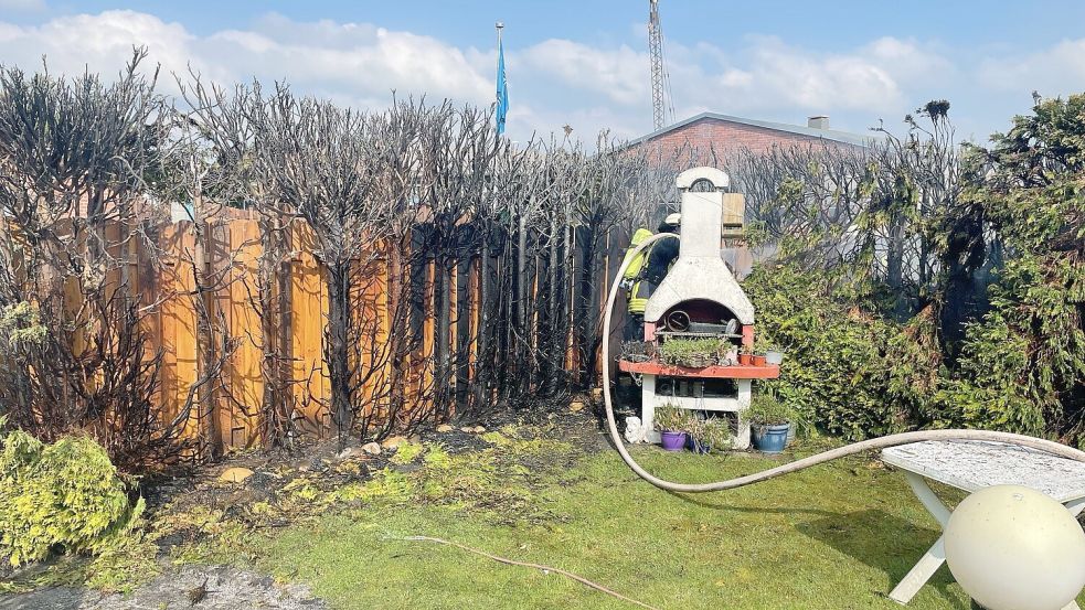 Ein Großteil der drei Meter hohen Hecke ist durch das Feuer zerstört. Ein Übergreifen des Feuers auf Gebäude konnte durch die Feuerwehr verhindert werden.