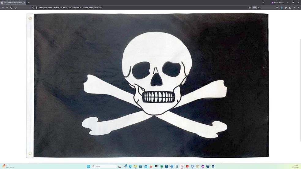 Im Internet-Versandhandel wie bei "Amazon" gibt es Piratenfahnen mit Totenköpfen zu kaufen. Foto: Screenshot / Quelle: Amazon