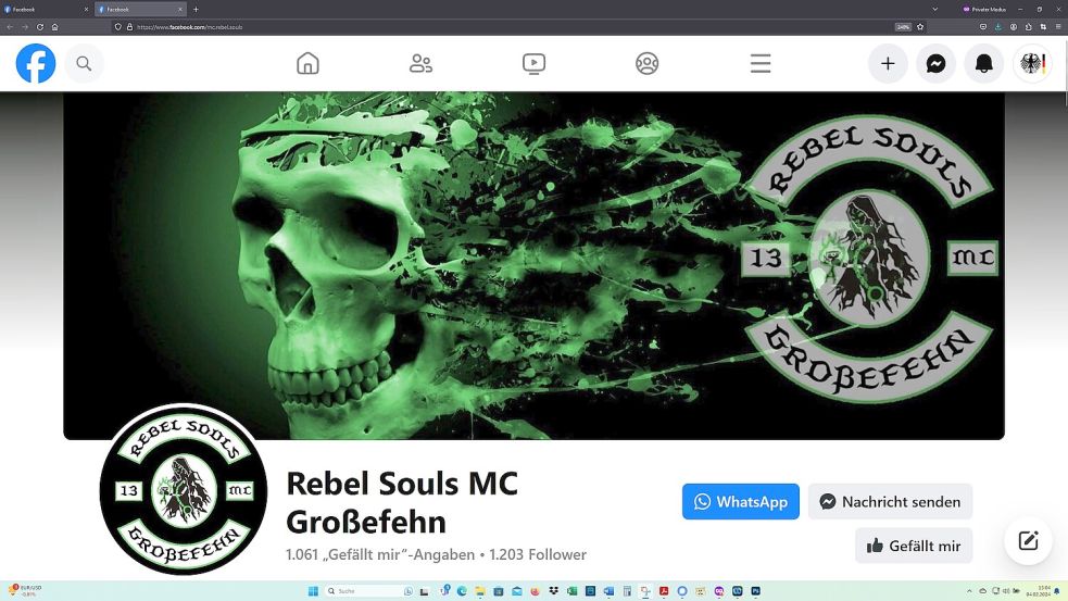 Ein Totenkopf als Blickfang – auf der Facebook-Seite des "Rebel Souls MC Großefehn" am 4. Februar 2024. Die Rocker hatten es bis zu diesem Zeitpunkt auf 1061 "Gefällt mir"-Angaben gebracht. Foto: Screenshot vom 04.02.2204 / Quelle: Facebook-Seite des Rebel Souls MC Großefehn