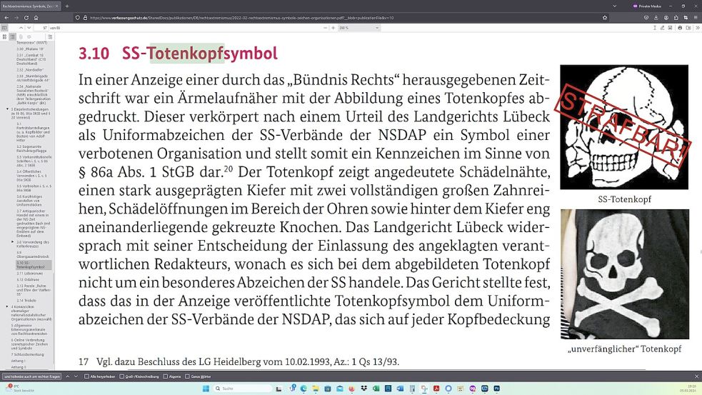 In einer Info-Broschüre zu Symbolen, Zeichen und verbotenen Organisationen der rechtsextremistischen Szene informiert das Bundesamt für Verfassungsschutz darüber, welche Totenkopf-Abbildung ein SS-Symbol und damit strafbar ist. Foto: Screenshot / Quelle: Bundesamt für Verfassungsschutz