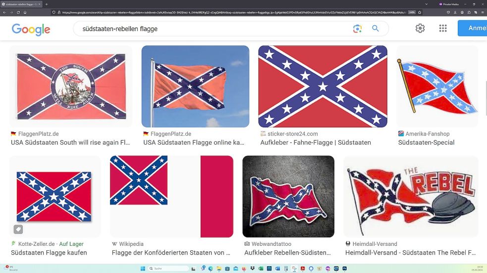Wie sieht die Flagge der Südstaaten-Rebellen aus? Eine Google-Suche liefert Ergebnisse. Foto: Screenshot / Quelle: Google