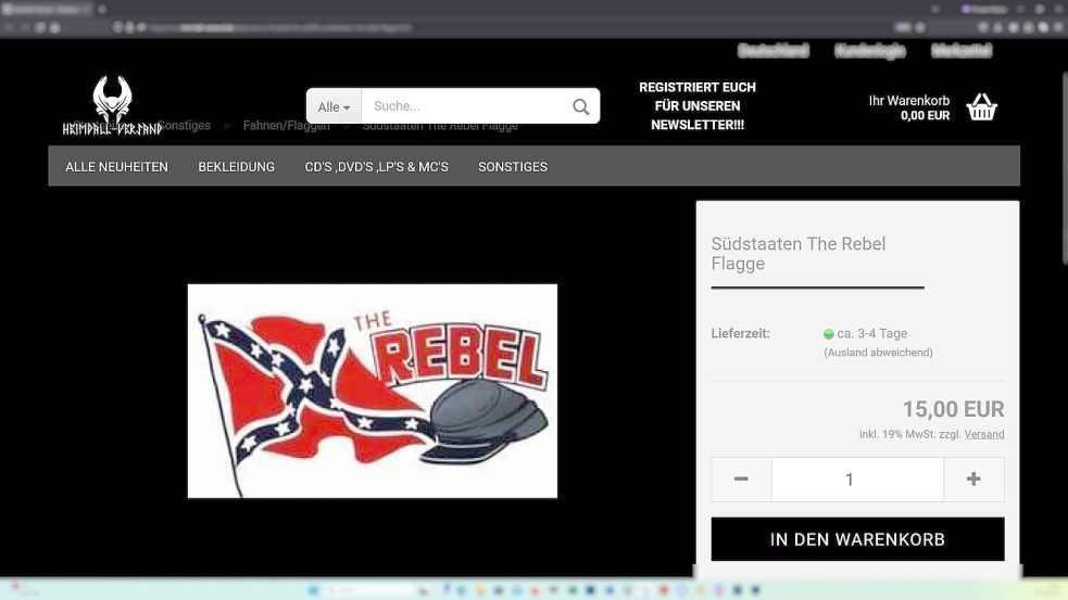 Eine "Südstaaten The Rebel Flagge" bietet der rechtsextremistische Heimdall-Versand aus Bremen an. Foto: Screenshot vom 05.04.2024 / Quelle: Heimdall-Versand / Pixelung: OZ