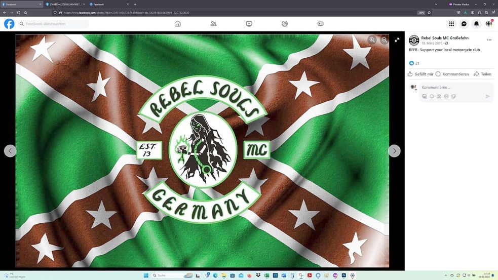 Der „Rebel Souls MC Großefehn“ zeigt auf Facebook Flagge – und zwar eine, die von der Getaltung her der Fahne der Südstaaten-Rebellen ähnelt, die in Amerika gegen die Abschaffung der Sklaverei gekämpft haben. Foto: Screenshot vom 19.02.2024 / Quelle: Facebook-Seite des Rebel Souls MC Großefehn
