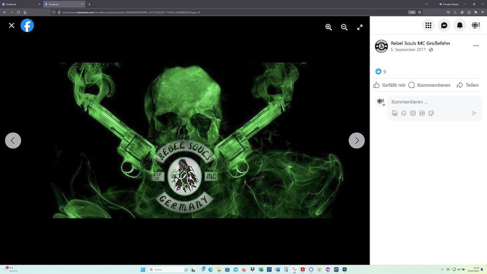 Der "Rebel Souls MC Germany" präsentierte sein Logo am 5. September 2017 auf Facebook zwischen zwei rauchenden Colts. Foto: Screenshot vom 04.02.2024 / Quelle: Facebook-Seite des Rebel Souls MC Großefehn