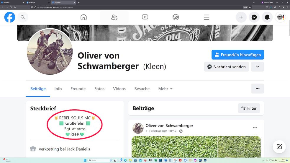 Ein "Oliver von Schwamberger" präsentiert sich auf Facebook als Sergeant at Arms des "Rebel Souls MC Großefehn". Foto: Screenshot vom 04.02.2024/Facebook-Seite von Oliver von Schwamberger / Hervorhebung (rote Ellipse): OZ
