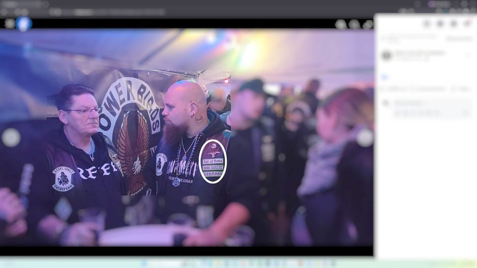 Der "President" des "Rebel Souls MC", Peter Mück (links), im Gespräch mit dem Sergeant at Arms des Clubs (rechts). Foto: Screenshot vom 19.02.2024 / Quelle: Facebook-Seite des Rebel Souls MC Großefehn / Pixelung und Hervorhebung (weiße Ellipse): OZ