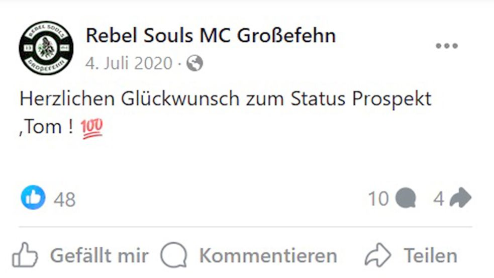Bevor jemand zum Vollmitglied im "Rebel Souls MC Großefehn" befördert wird, erhält er "Prospekt"-Status. Foto: Screenshot (Ausschnitt) vom 06.03.2024 / Quelle: Facebook-Seite des Rebel Souls MC Großefehn